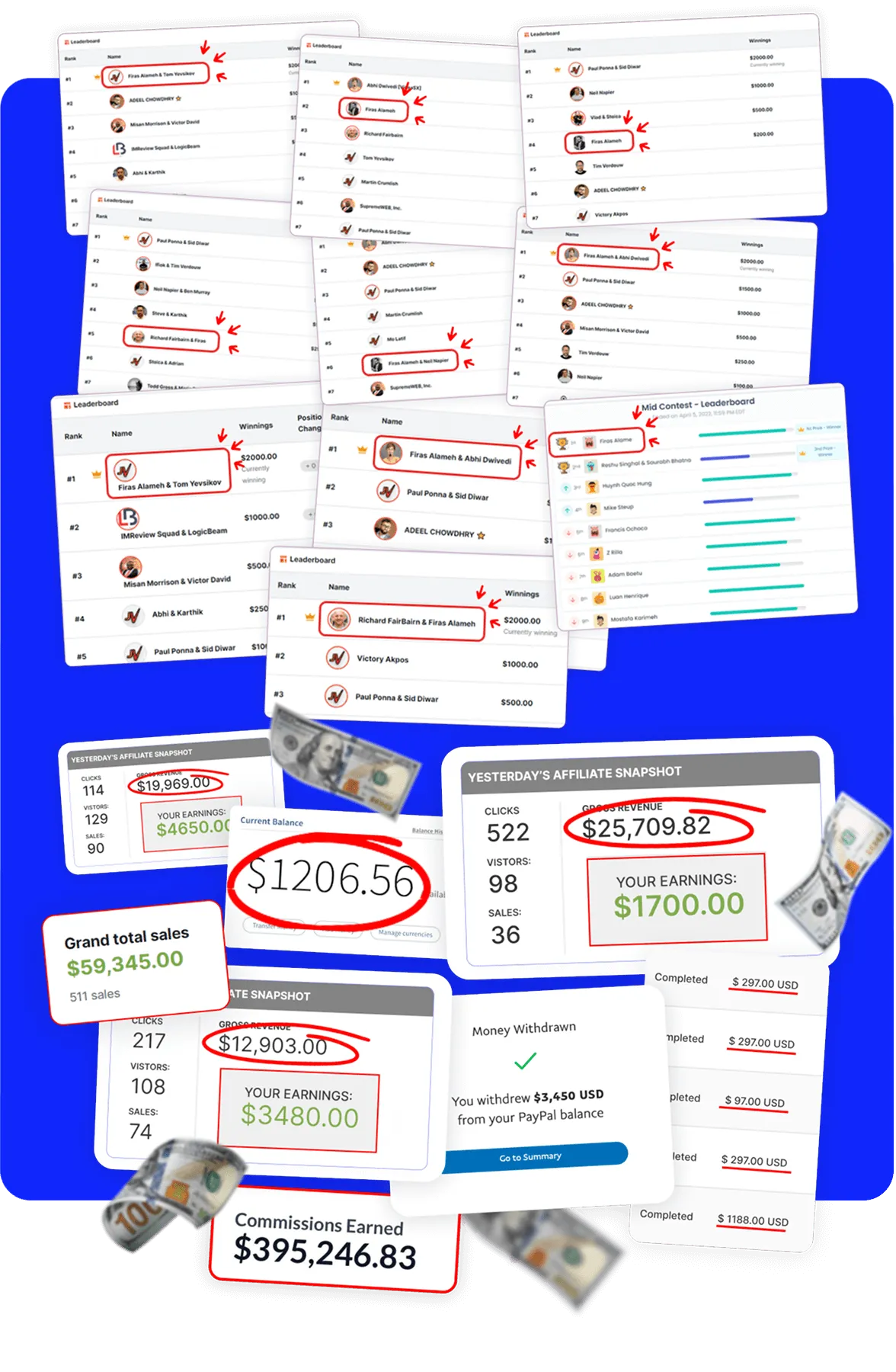Our leaderboard wins and affiliate commission screenshots